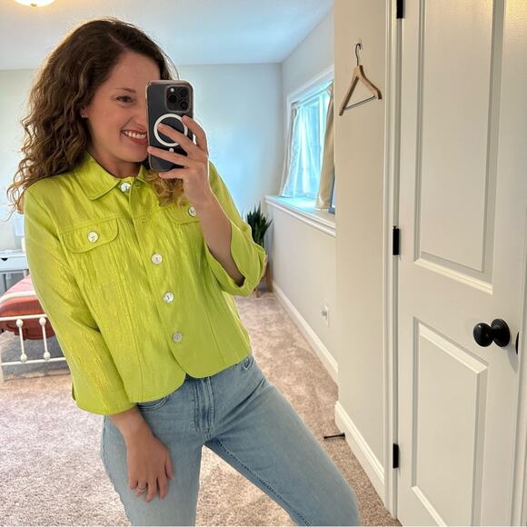 Ruby Rd Petite Lime Green Shell Cropped Jacket 12P - Picture 2 of 8